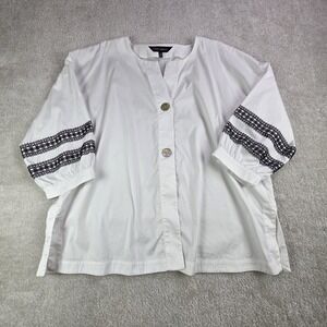 Ming Wang Cotton Blend Tunic Blouse‎ White Embroidery Sz L Artsy Boho Minimalist